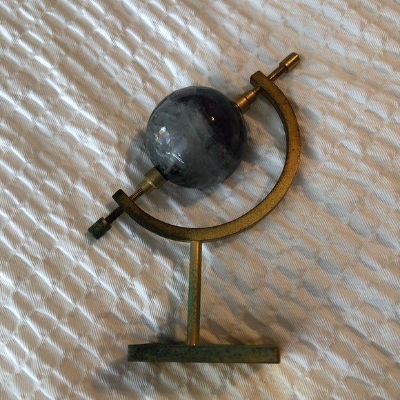 VINTAGE MINI SPACE GLASS MARBLE With Brass Support Decorative Desk Globe 3”X 4.5 - Picture 4 of 7